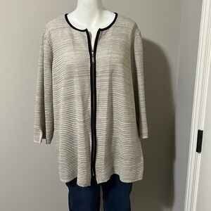MISOOK Burnout Pattern Ottoman Knit Jacket Tan Black Zip Front Lagenlook Sz 1X